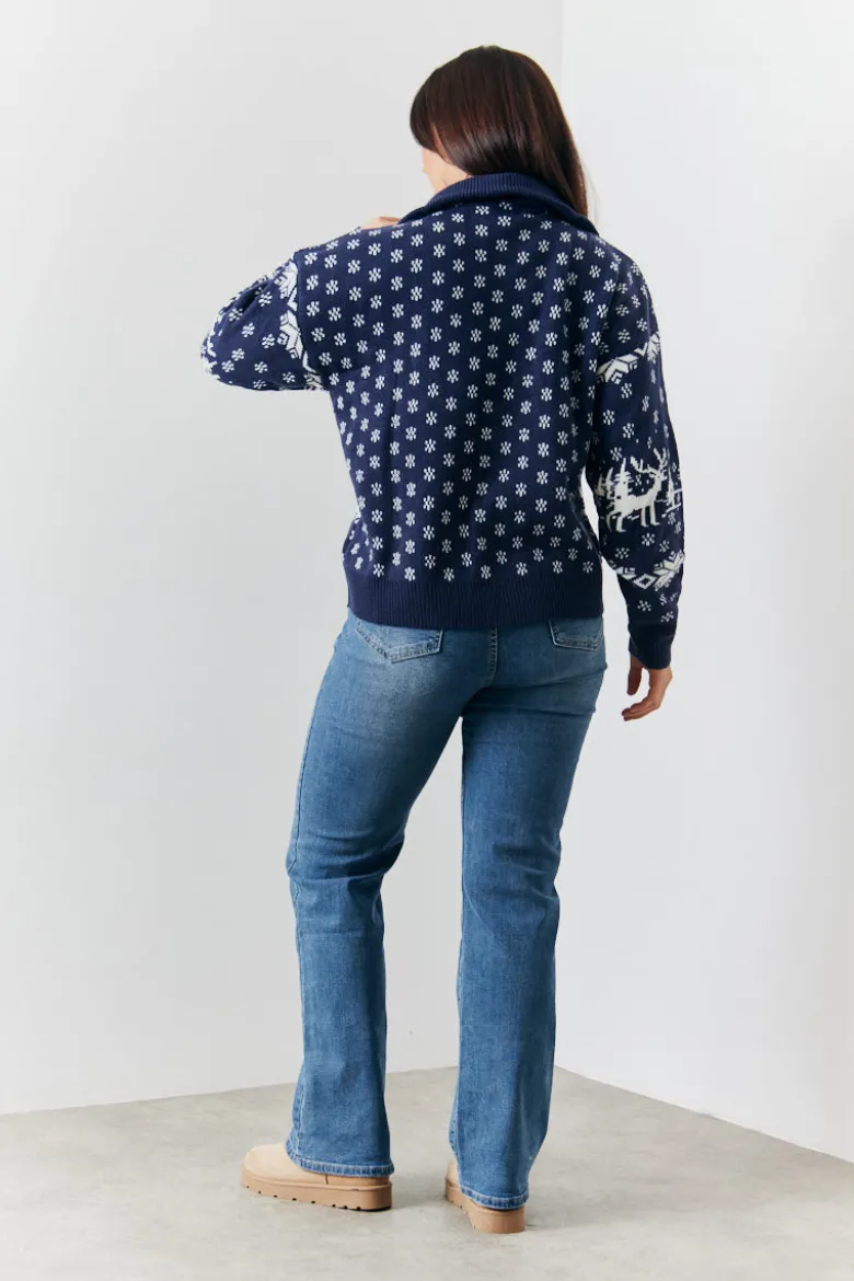 Half Zip Reindeer Fairisle Knitted Jumper