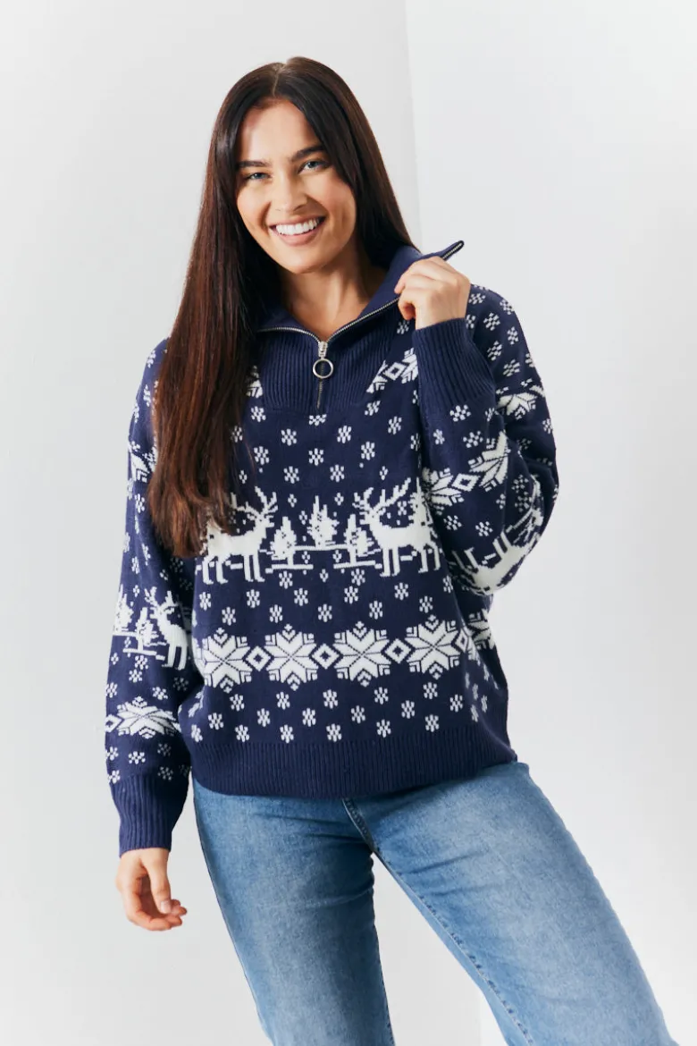 Half Zip Reindeer Fairisle Knitted Jumper