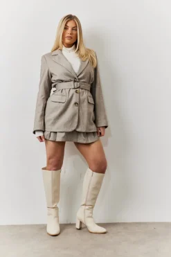 Herringbone Belted Single Breasted Oversized Blazer