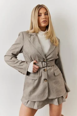 Herringbone Belted Single Breasted Oversized Blazer
