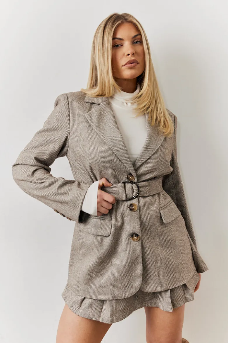 Herringbone Belted Single Breasted Oversized Blazer