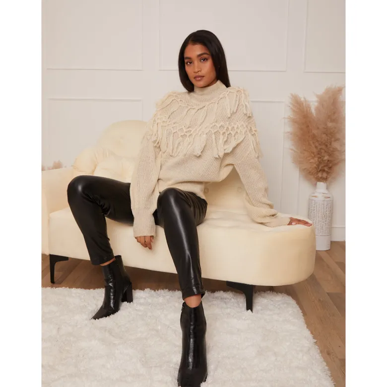 High Neck Tassel Detail Jumper in Cream