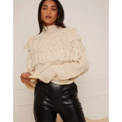 High Neck Tassel Detail Jumper in Cream