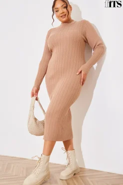 High Neck Variegated Rib Knit Midi Dress
