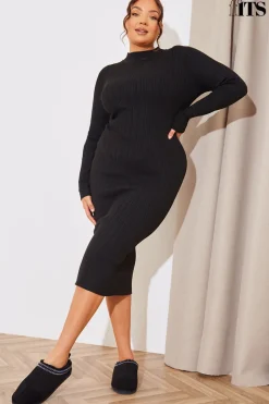 High Neck Variegated Rib Knit Midi Dress