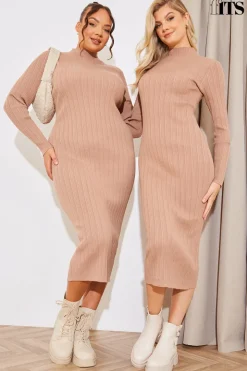 High Neck Variegated Rib Knit Midi Dress