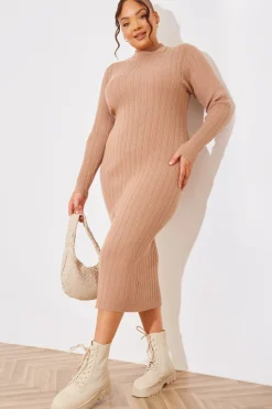 High Neck Variegated Rib Knit Midi Dress