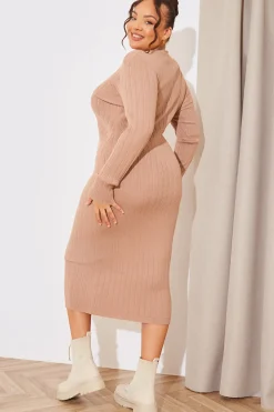 High Neck Variegated Rib Knit Midi Dress