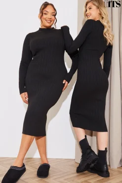 High Neck Variegated Rib Knit Midi Dress