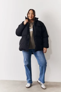 Hooded Drawstring Waist Puffer Coat