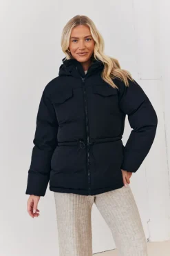 Hooded Drawstring Waist Puffer Coat