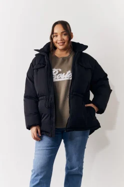 Hooded Drawstring Waist Puffer Coat