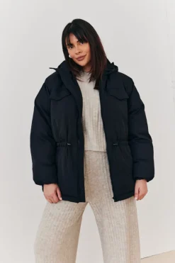 Hooded Drawstring Waist Puffer Coat