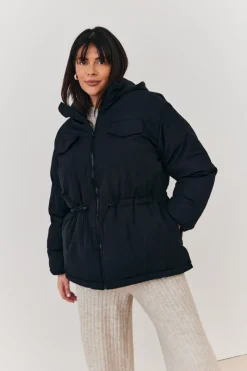 Hooded Drawstring Waist Puffer Coat