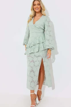 Jacquard Asymmetric Frill Wrap Midaxi Dress