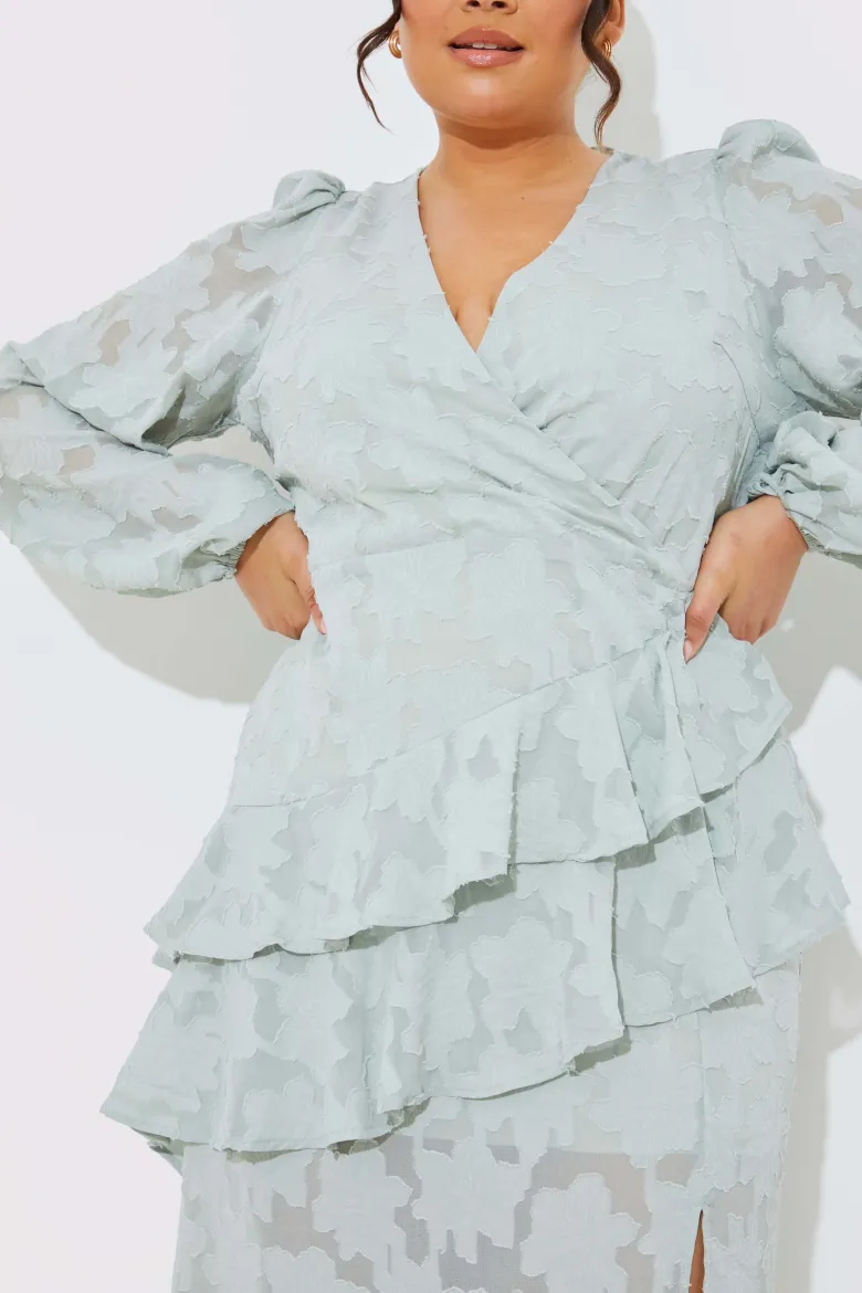 Jacquard Asymmetric Frill Wrap Midaxi Dress