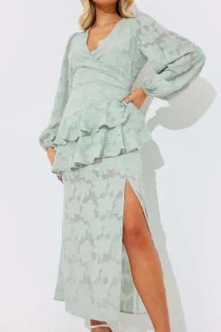 Jacquard Asymmetric Frill Wrap Midaxi Dress