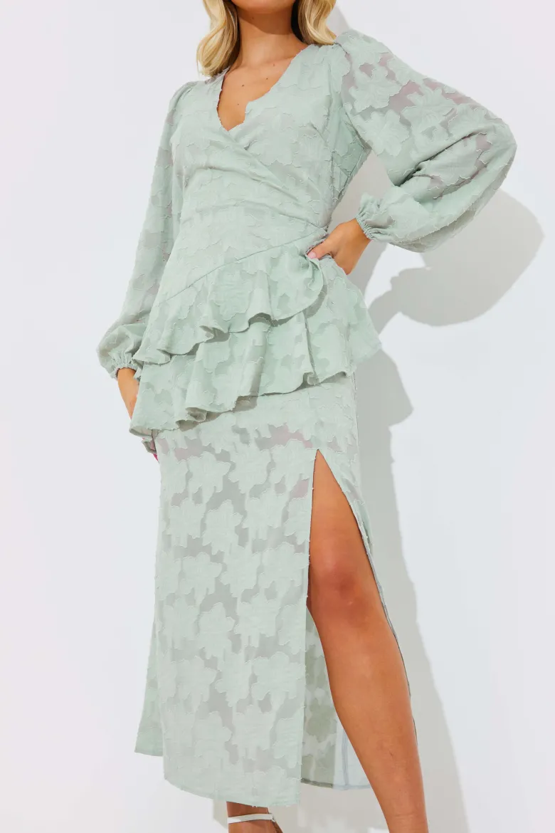 Jacquard Asymmetric Frill Wrap Midaxi Dress