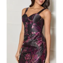 Jacquard Corset Style Ruched Midi Dress in Black