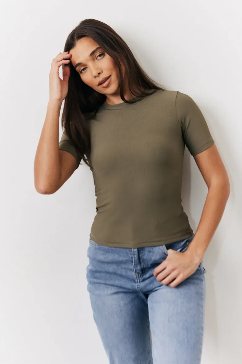 Khaki Ribbed Crew Neck Short Sleeve Top