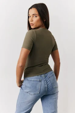 Khaki Ribbed Crew Neck Short Sleeve Top