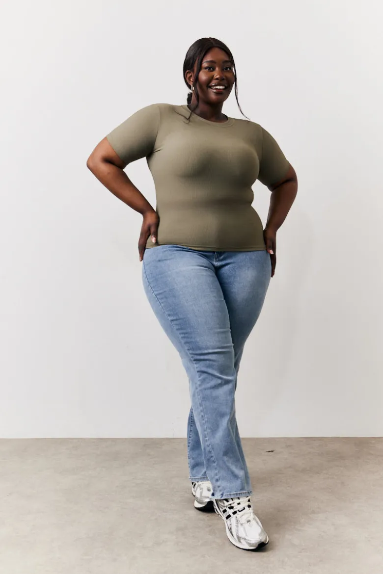 Khaki Ribbed Crew Neck Short Sleeve Top