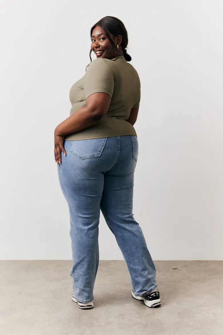 Khaki Ribbed Crew Neck Short Sleeve Top