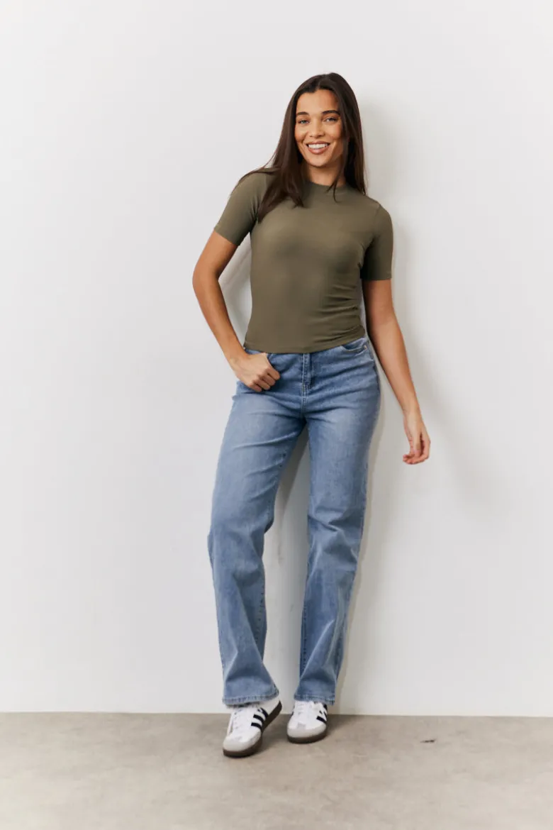 Khaki Ribbed Crew Neck Short Sleeve Top