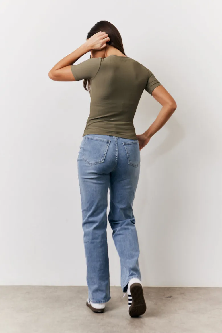 Khaki Ribbed Crew Neck Short Sleeve Top