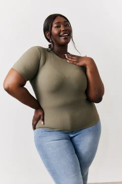 Khaki Ribbed Crew Neck Short Sleeve Top