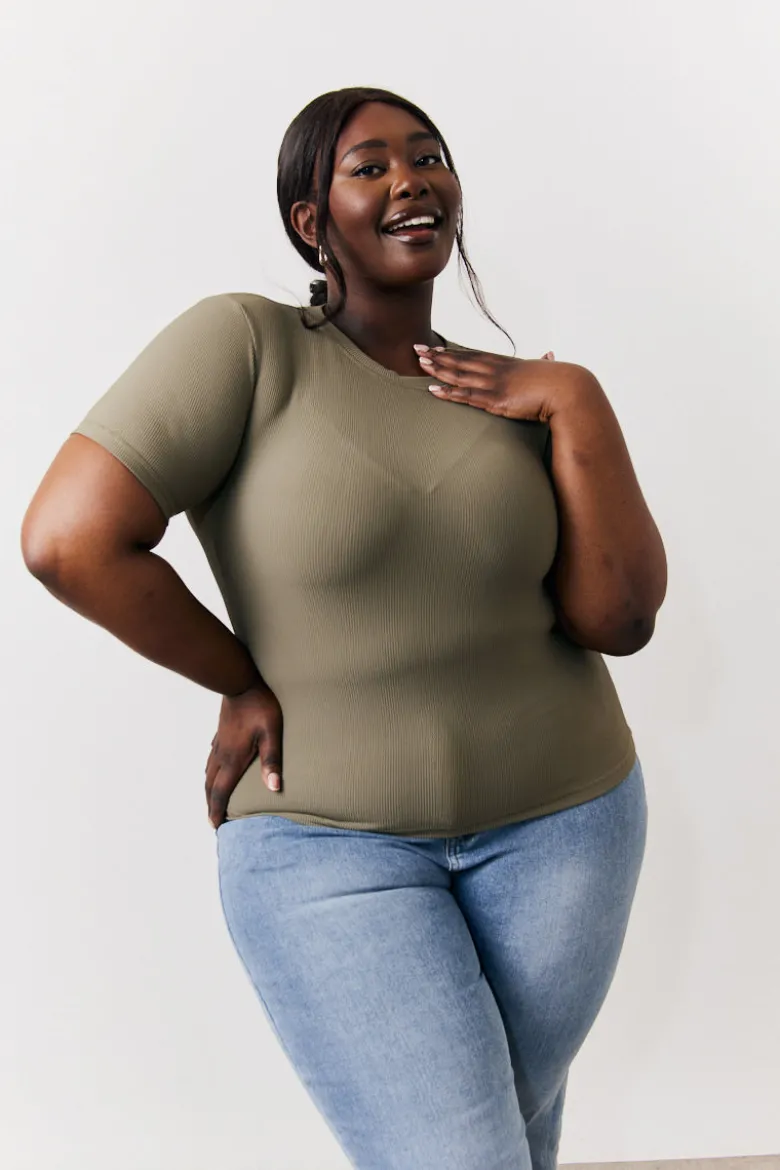 Khaki Ribbed Crew Neck Short Sleeve Top