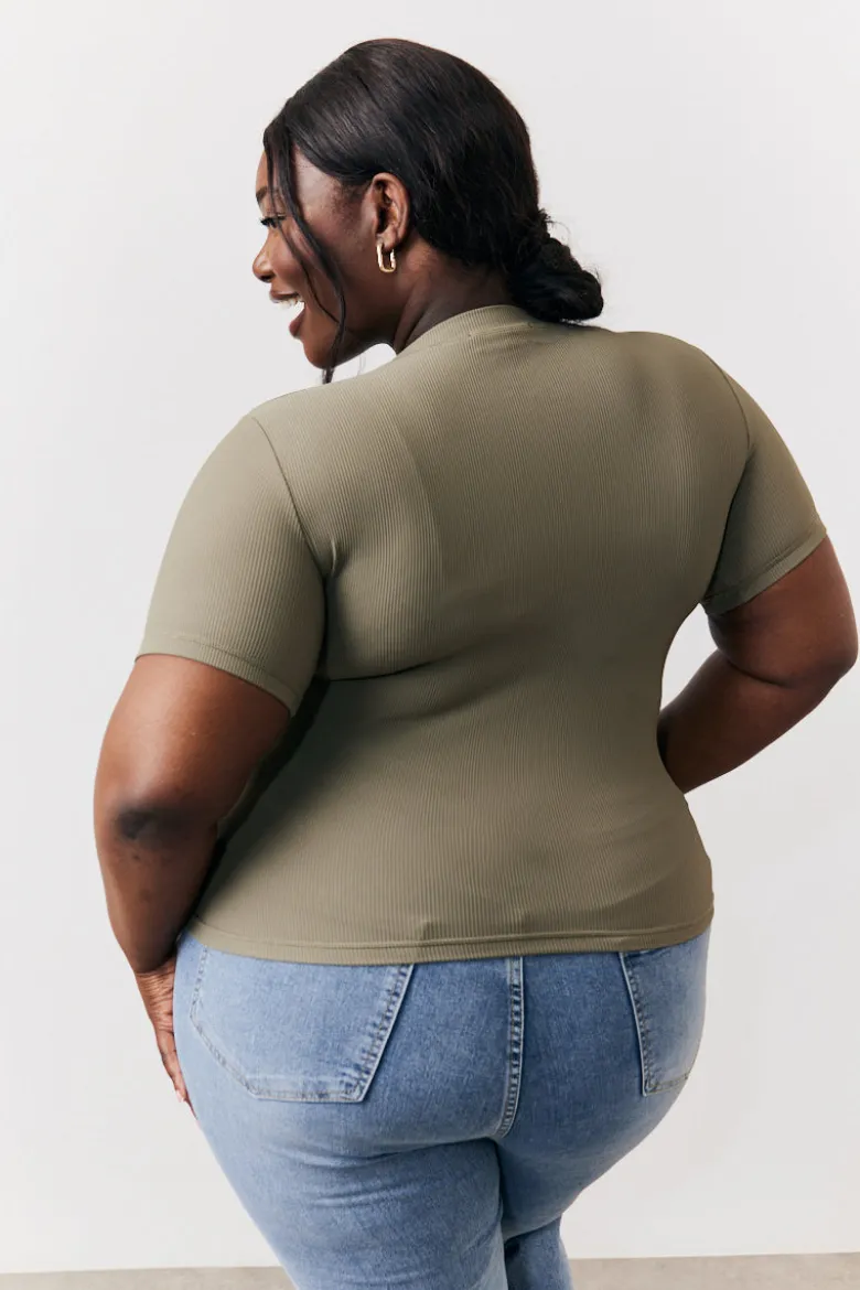 Khaki Ribbed Crew Neck Short Sleeve Top