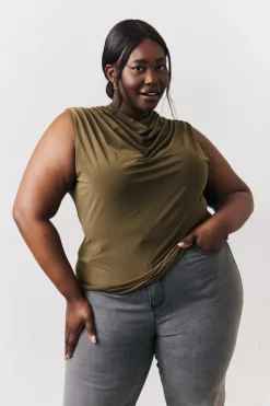 Khaki Slinky Cowl Front Sleeveless Top