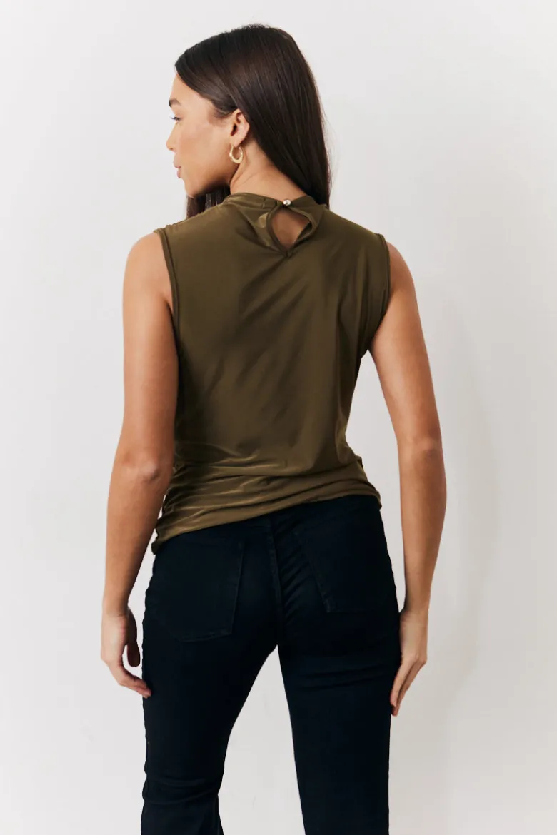 Khaki Slinky Cowl Front Sleeveless Top