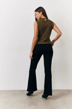 Khaki Slinky Cowl Front Sleeveless Top