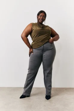 Khaki Slinky Cowl Front Sleeveless Top
