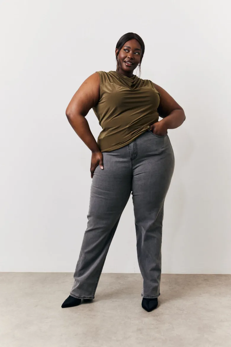 Khaki Slinky Cowl Front Sleeveless Top