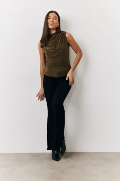 Khaki Slinky Cowl Front Sleeveless Top