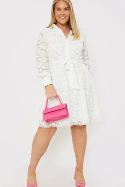 Lace Belted Button Up Mini Shirt Dress