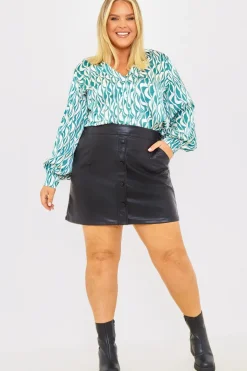 Leather Look Button Front Belted Skirt