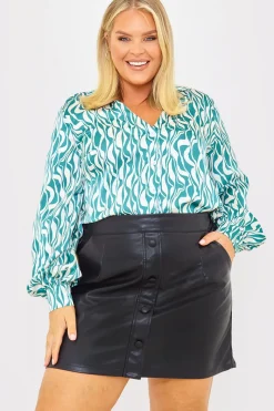 Leather Look Button Front Belted Skirt