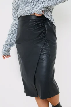 Leather Look Side Split Midi Skirt