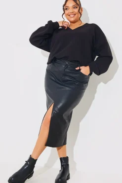 Leather Look Split Front Midi Skirt