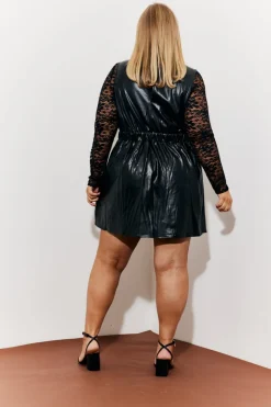 Leather Look V Neck Pinafore