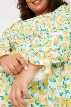 Lemon Print Bardot Puff Sleeve Top