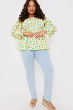 Lemon Print Bardot Puff Sleeve Top