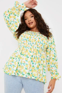 Lemon Print Bardot Puff Sleeve Top