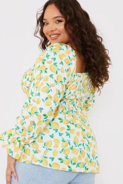 Lemon Print Bardot Puff Sleeve Top