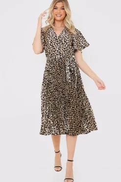 Leopard Print Pleated Midi Dress