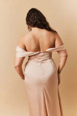Light Gold Satin Bardot Ruched Maxi Dress